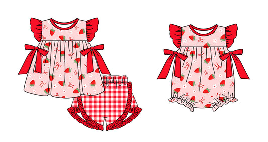 Preorder moq 5 Custom Baby Girls Strawberry Tunic Red Plaid Ruffle Short Set Rompers
