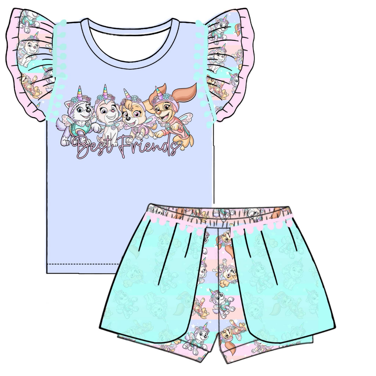 Baby Girls Best Friends Dogs Shirt Shorts Summer Clothes Sets preorder (moq 5)