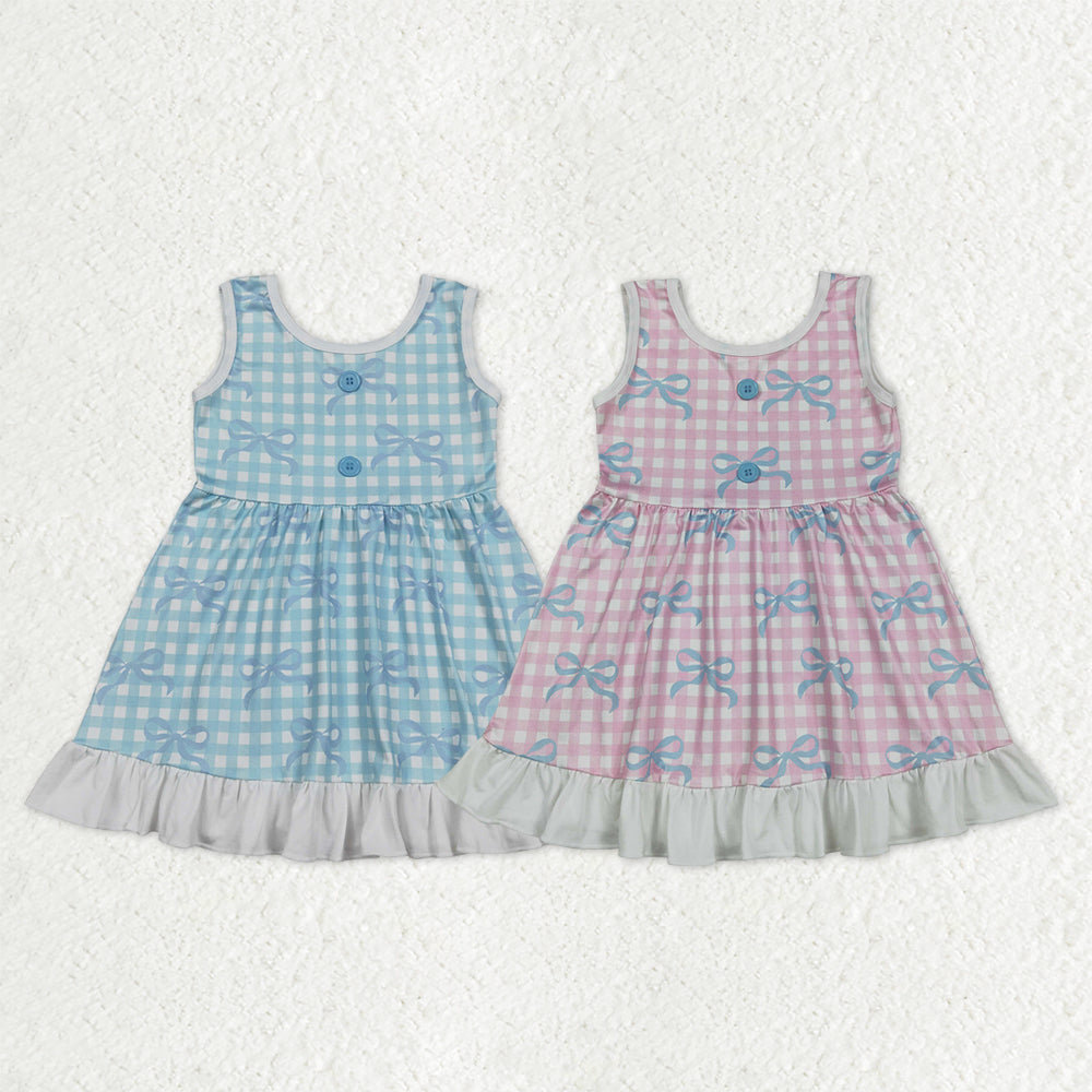 Sibling Baby Girls Sleeveless Bows Checked Button Ruffle Knee Length Dresses