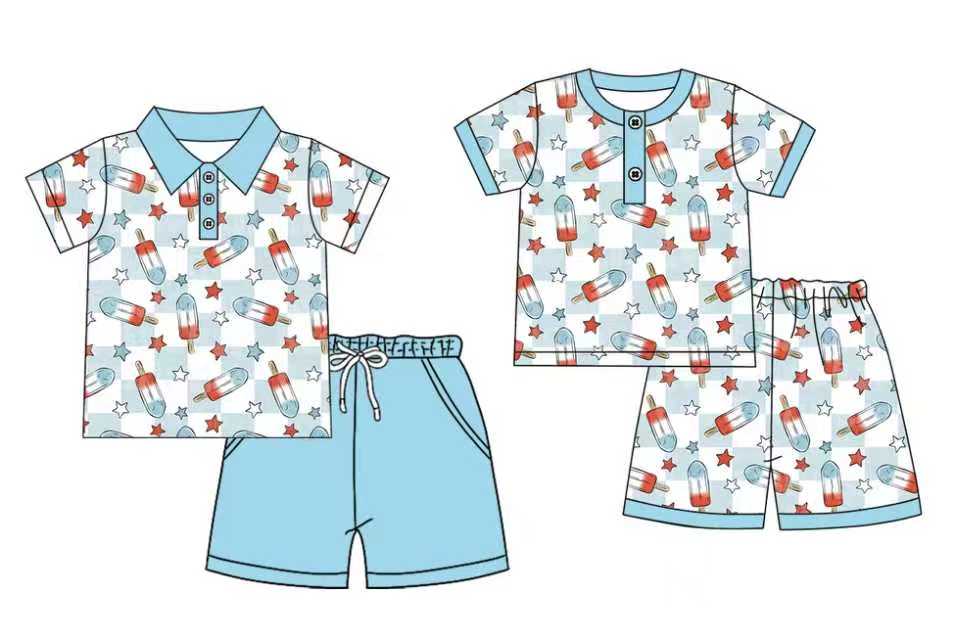 Preorder moq 5 (each item)Baby Boys Popsicle Stars Button Top Shorts 4th of July Pajamas Clothes Sets