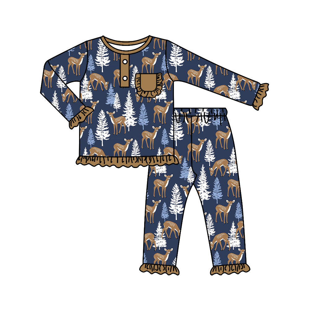 Baby Girls Christmas Tree Deer Pocket Top Pants Pajamas Clothes Sets Preorder(moq 5)