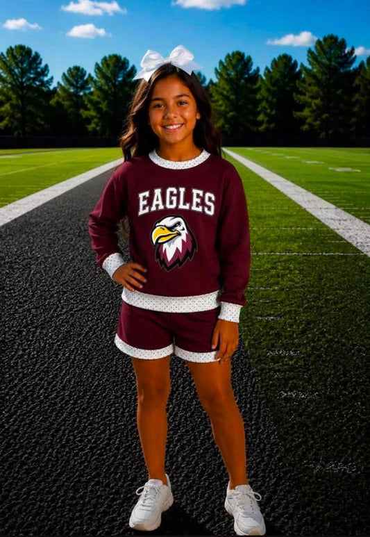 Preorder (moq 5)Baby Girls Maroon Eagles Long Sleeve Tops Shorts Clothes Sets