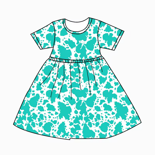 Baby Girls Blue Cow Print Short Sleeve Knee Length Dresses Preorder(moq 5)