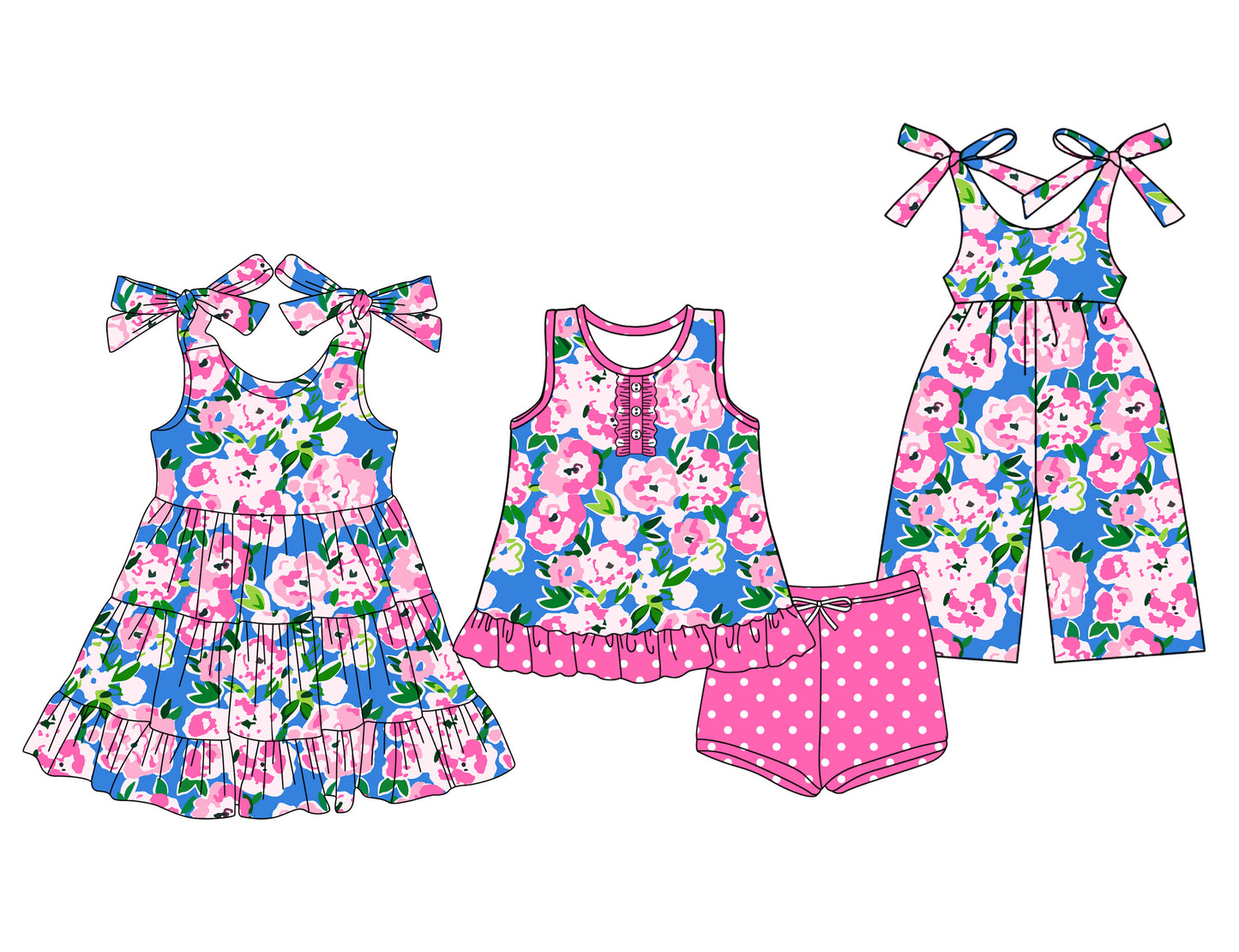 Preorder moq 5 Custom Baby Girls Watercolor Floral Button Tunic Pink Polka Dots Short Set Knee Length Dress Jumpsuits