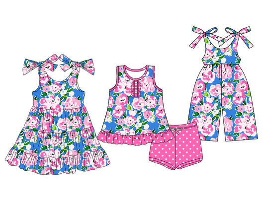 Preorder moq 5 Custom Baby Girls Watercolor Floral Button Tunic Pink Polka Dots Short Set Knee Length Dress Jumpsuits