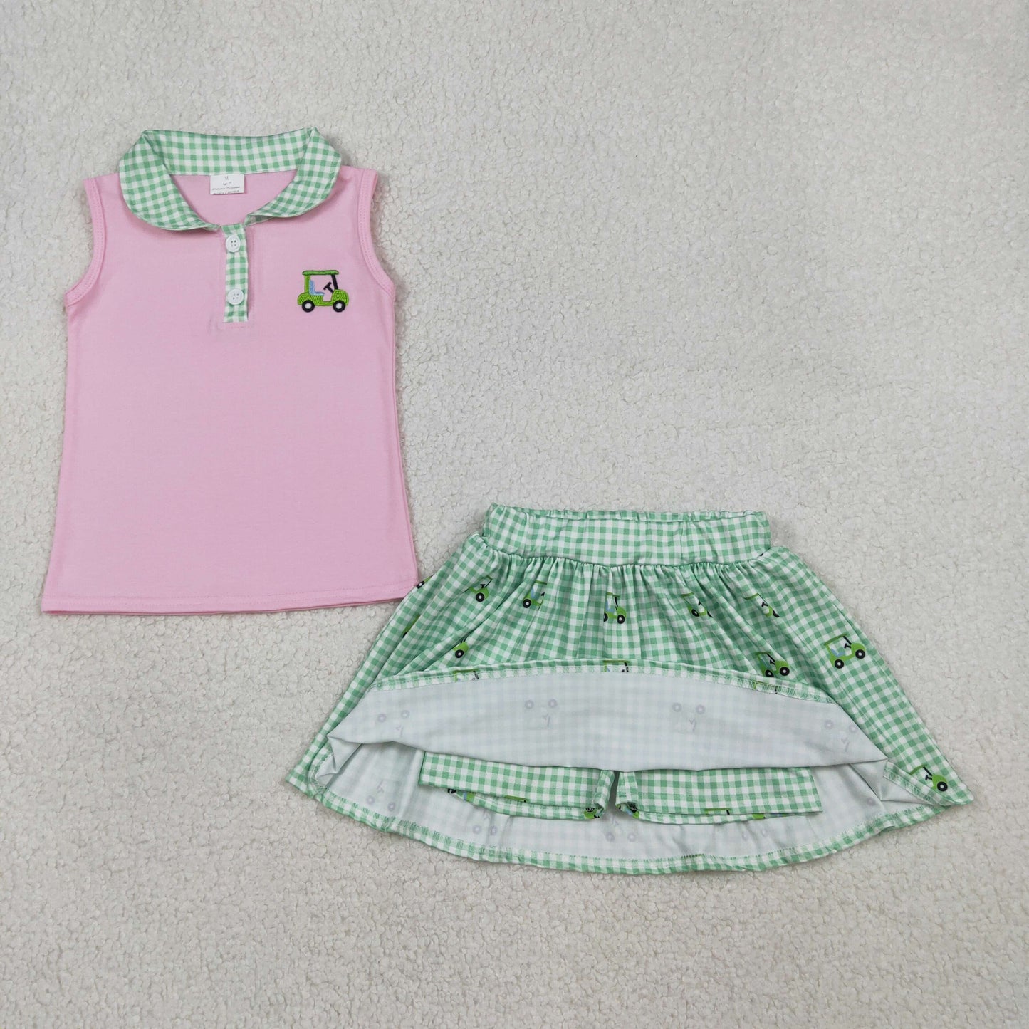 Sibling Baby Boys Girls Embroidery Golf Trucks Top Green Checked Skirt Shorts Clothes Sets