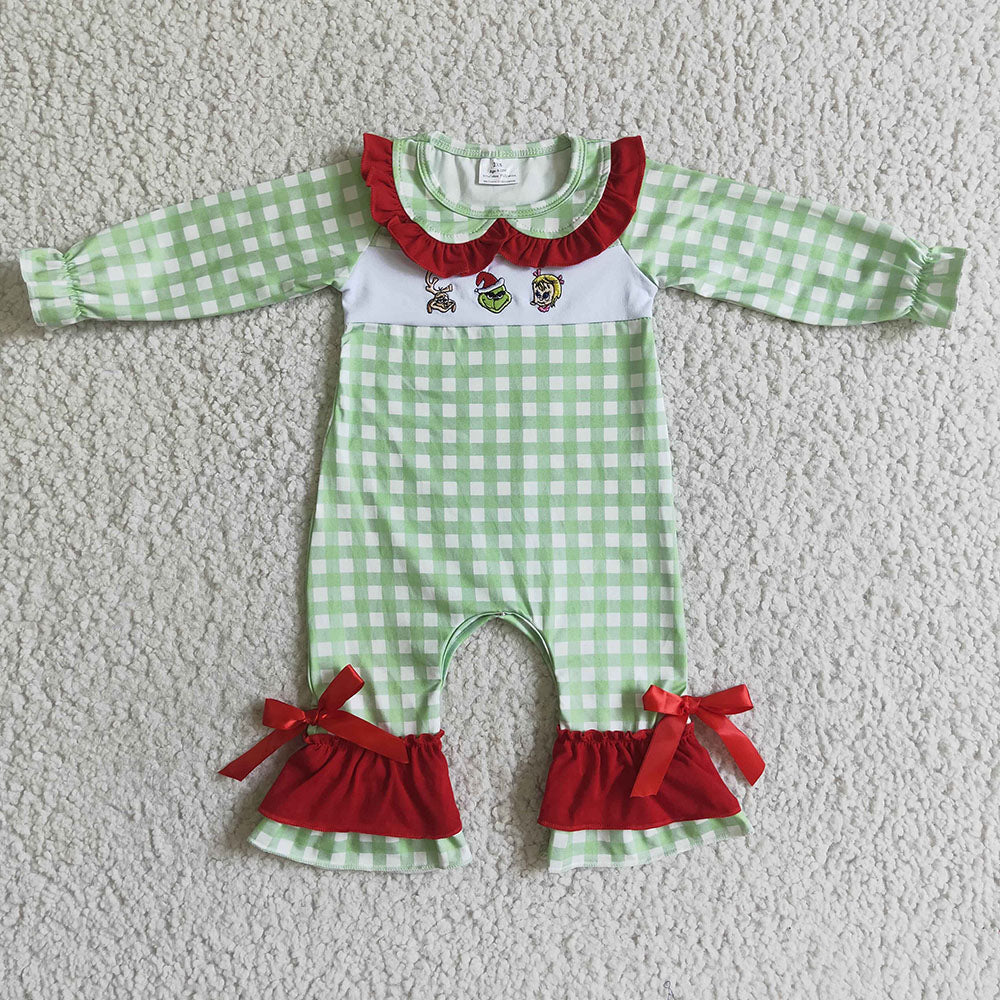 Sibling Baby Boys Girls Embroidery Green Checked Green Face Christmas Clothes Sets Rompers Knee Length Dresses