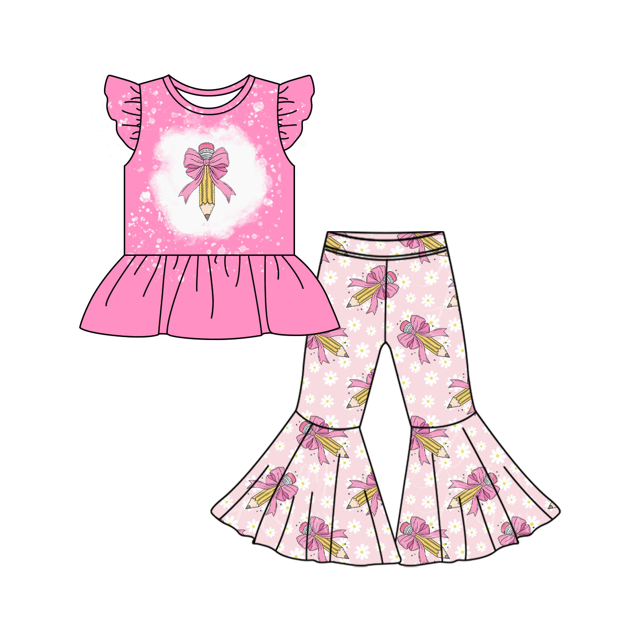 Preorder (moq 5)Baby Girls Back To School Pencils Shirt Top Bell Pants Clothes Sets