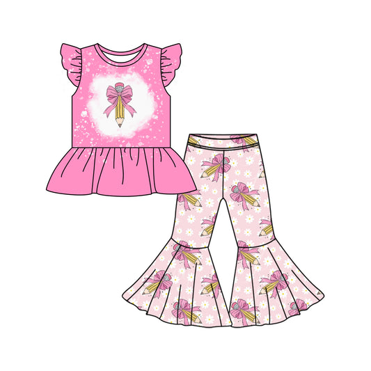 Preorder (moq 5)Baby Girls Back To School Pencils Shirt Top Bell Pants Clothes Sets