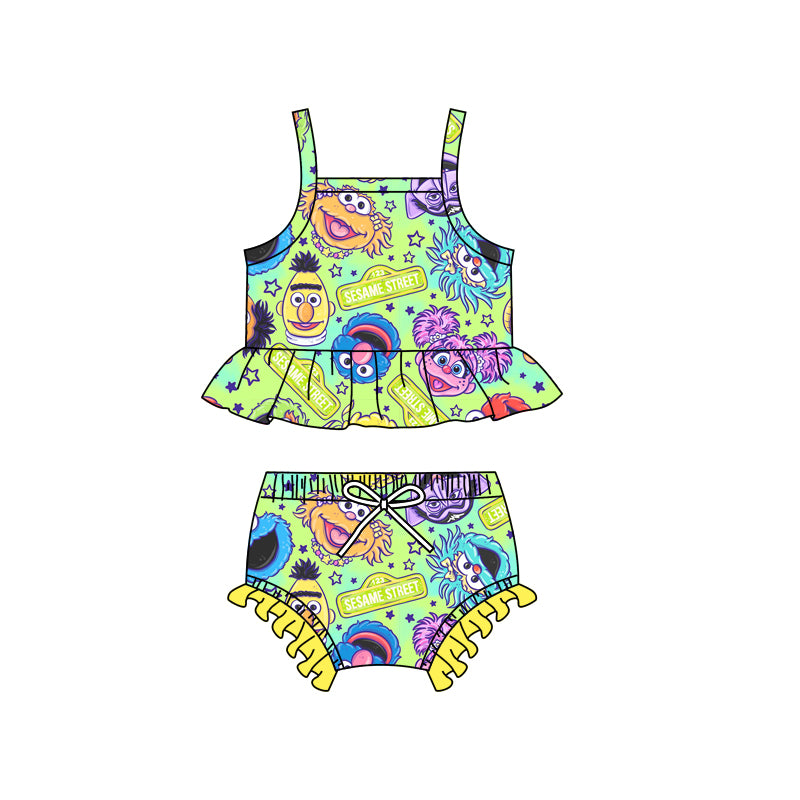 Preorder (moq 5)Baby Girls Cartoon Street Straps Top Two Pieces Swimsuits