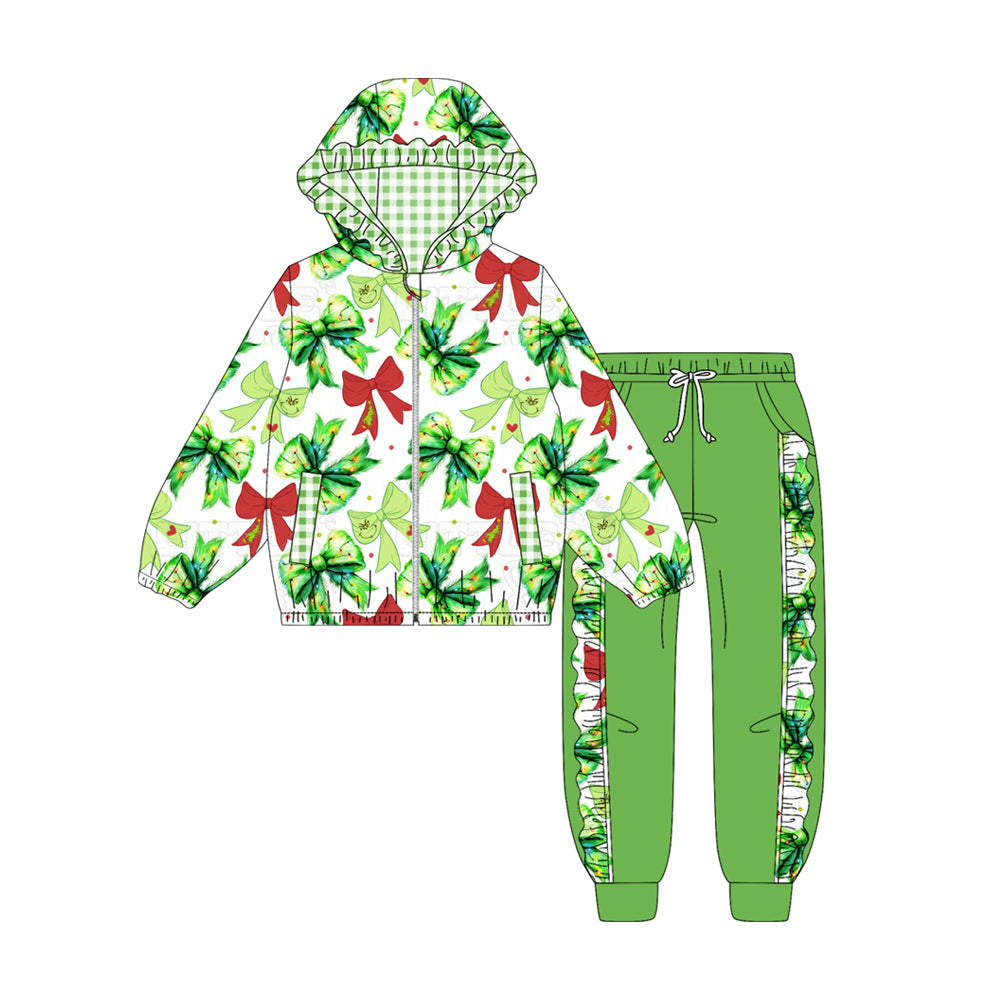 Preorder (moq 5)Baby Girls Green Red Bows Pockets Zipper Hoodie Jackets Jogger Christmas Clothes Sets