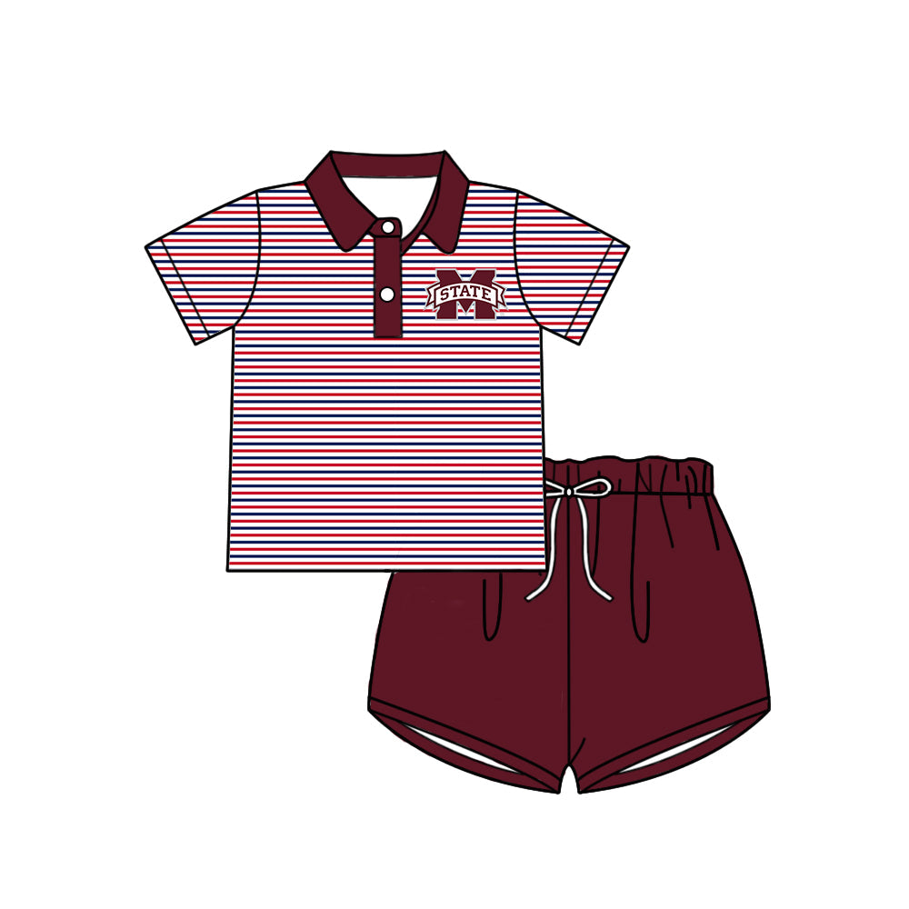 Preorder (moq 5)Baby Girls Red Stripe M State Button Polo Top Shorts Team Clothes Sets