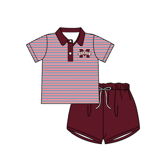 Preorder (moq 5)Baby Girls Red Stripe M State Button Polo Top Shorts Team Clothes Sets
