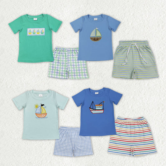 Sibling Baby Boys Short Sleeve Embroidery Boats Top Stripe Checked Shorts Clothes Sets