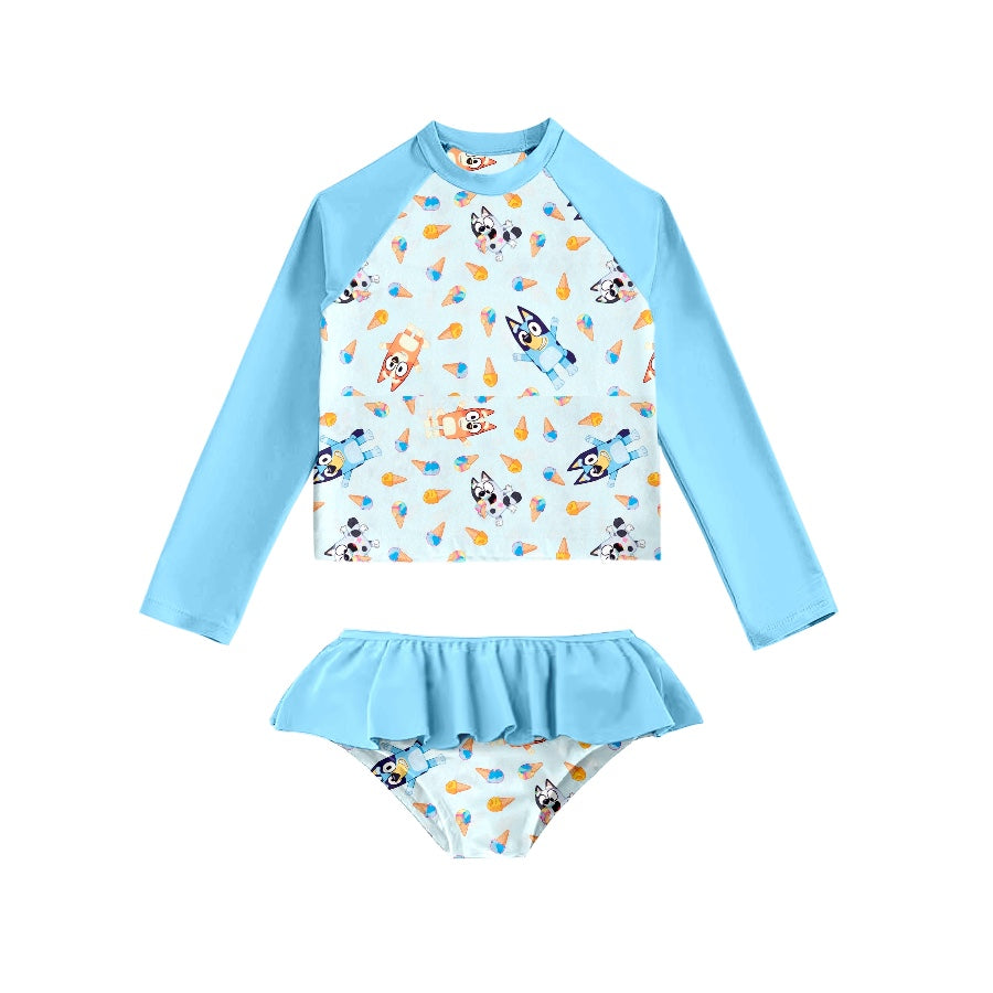Baby Girls Blue Dogs Cartoon Long Sleeve Top 2pcs Swimsuits preorder(moq 5)