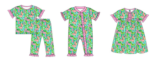 Preorder(moq 5 each) Baby Girls Green Flowers Butterfly Romper Dress Pants Sets