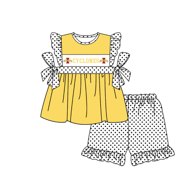 Preorder (moq 5)Baby Girls Flutter Sleeve Cyclones Tunic Polka Dots Ruffle Shorts Team Clothes Sets