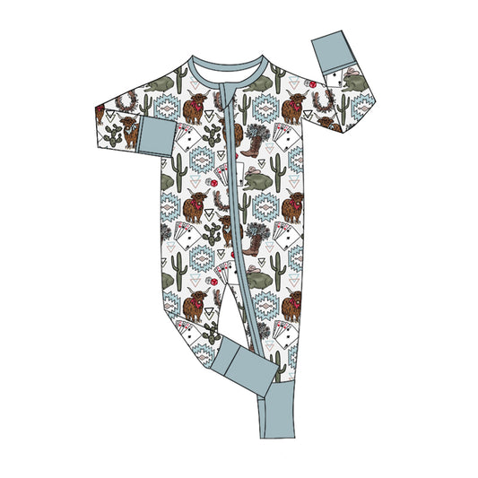 Baby Infant Boys Western Highland Cow Cactus Zip Rompers preorder(moq 5)