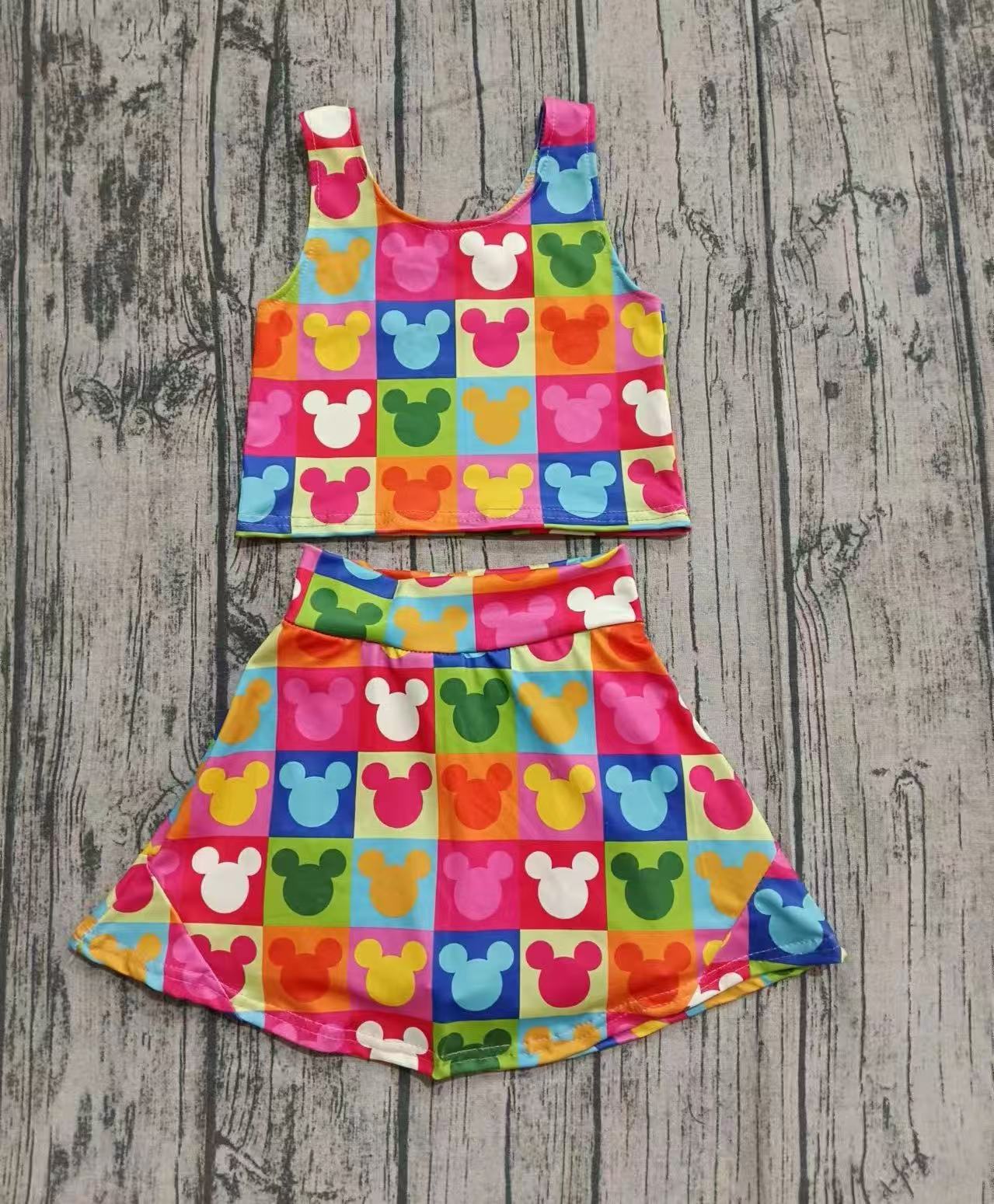 Preorder(moq 5) Baby Girls Colorful Mouse Plaid Vest Top Skorts Clothing Sets