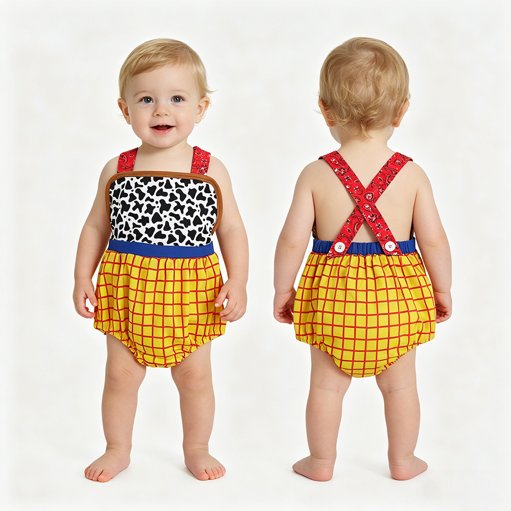 Baby Boys Strap Cartoon Cow Print Yellow Checked Rompers