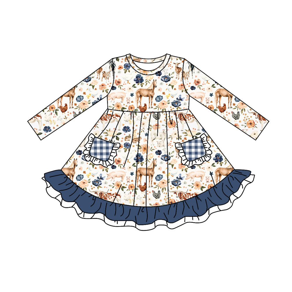 Baby Girls Western Flowers Farm Pockets Knee Length Dresses Preorder(moq 5)