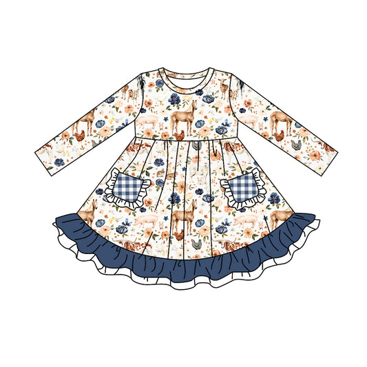 Baby Girls Western Flowers Farm Pockets Knee Length Dresses Preorder(moq 5)