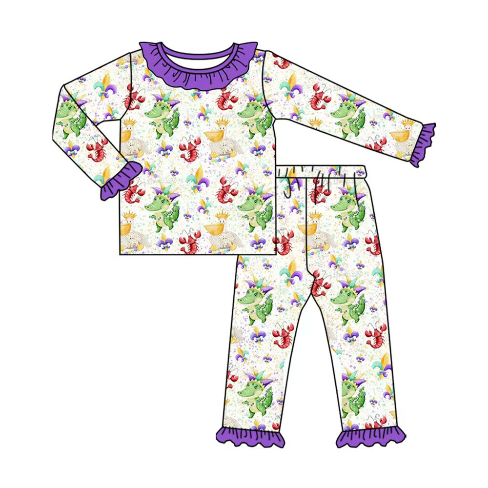 Preorder (moq 20)Baby Girls Bamboo Mardi Gras Crocodiles Crayfishes Ruffle Pajamas Sets