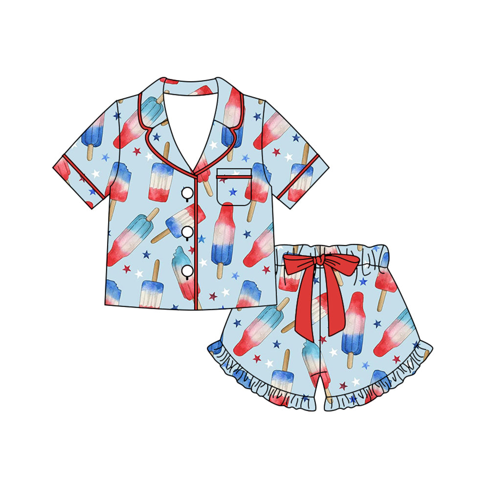 Preorder (moq 5)Baby Girls Red Blue Stars Popsicle Button Pocket Top Ruffle Shorts 4th of July Pajamas Set