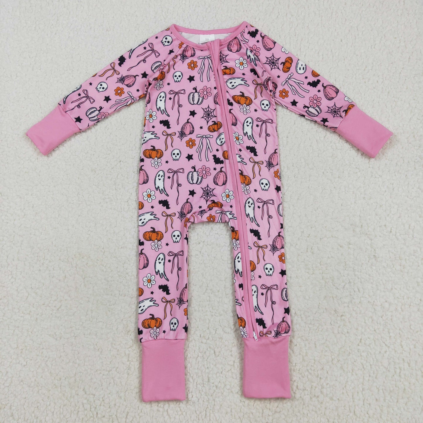 Baby Girls Pink Ghost Pumpkins Halloween Zipper Footie Rompers