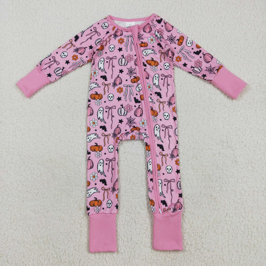 Baby Girls Pink Ghost Pumpkins Halloween Zipper Footie Rompers