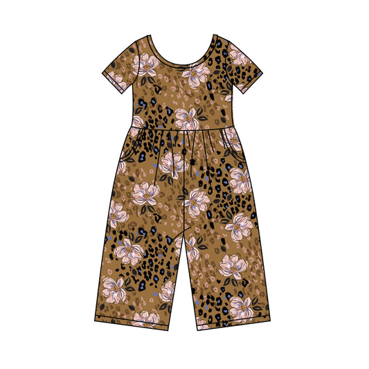 Baby Girls Short Sleeve Brown Flowers Pockets Jumpsuits preorder(MOQ 5)