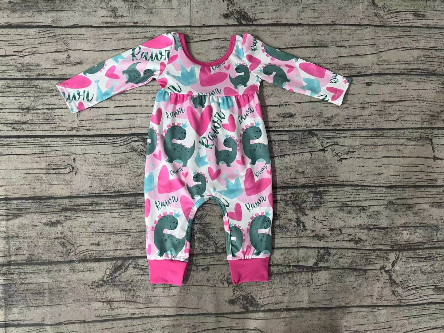 Baby Infant Girls Pink Hearts Valentines Dinosaurs Rompers