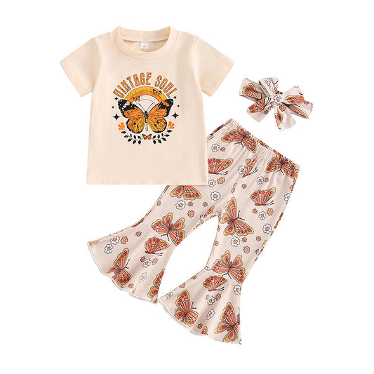Baby Girls Butterfly Short Sleeve Shirt Bell Pants Clothes Sets Preorder(moq 5)