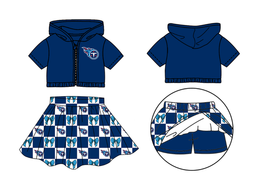 Preorder (moq 5)Baby Girls Blue T Bows Zip Hoodie Jackets Skirt Short Team Clothes Sets
