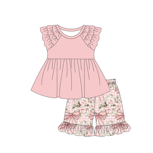 Preorder (moq 5)Baby Girls Pink Ruffle Tunic Bows Flowers Shorts Clothes Sets