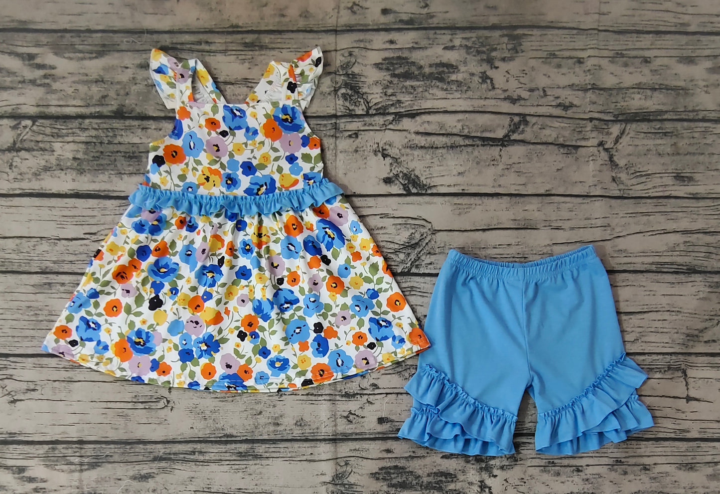 Baby Girls Blue Flowers Tunic Ruffle Shorts Outfits Clothes Sets
