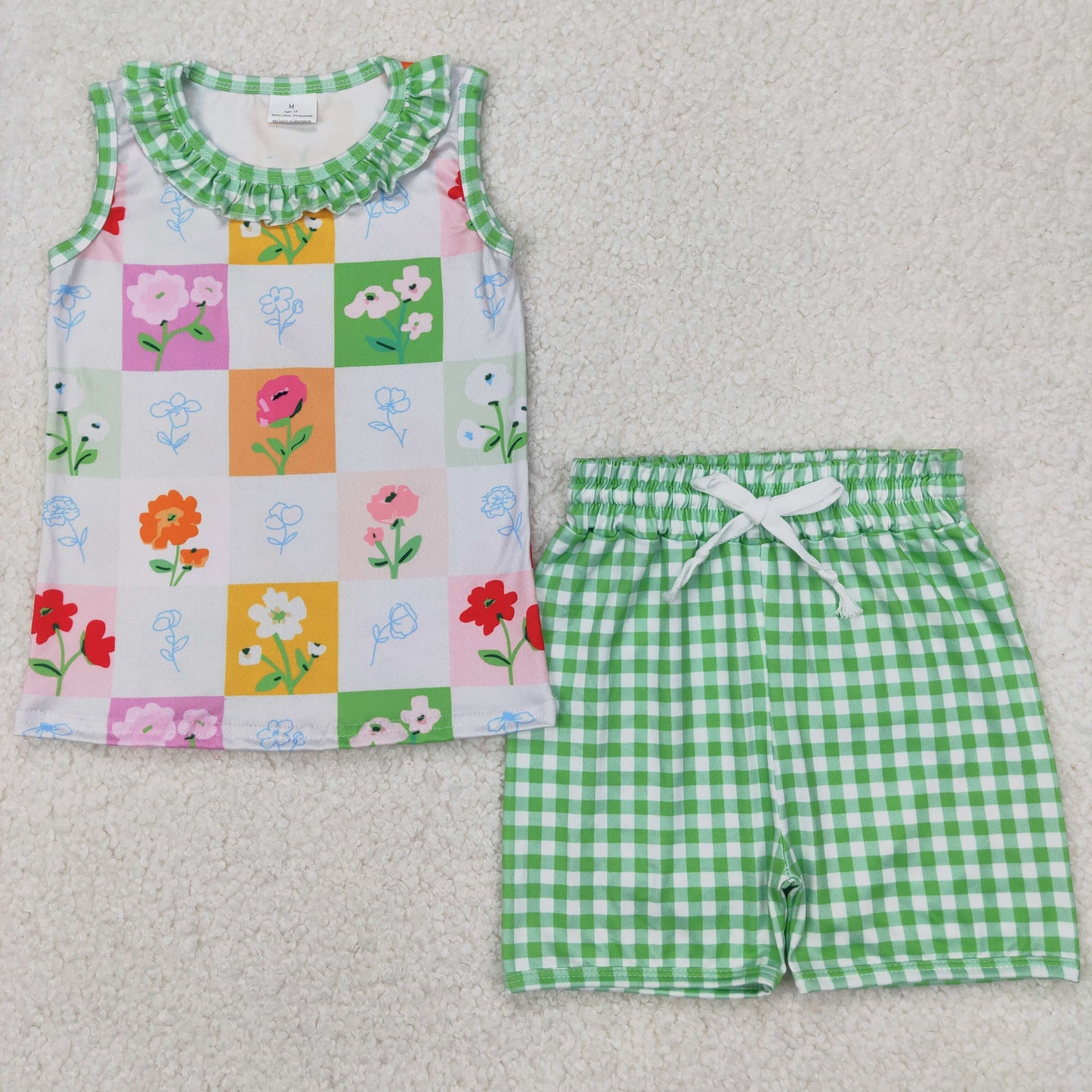 Baby Girls Green Plaid Sleeveless Floral Top Short Set