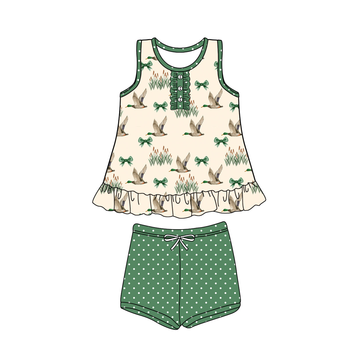 Preorder (moq 5)Baby Girls Green Duck Bows Ruffle Tunic Shorts Clothes Sets
