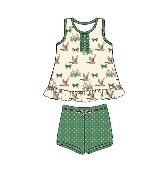 Preorder (moq 5)Baby Girls Green Duck Bows Ruffle Tunic Shorts Clothes Sets