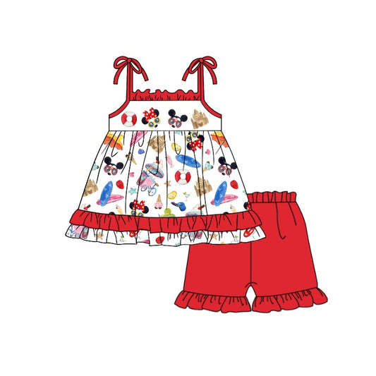 Baby Girls Cartoon Castle Straps Top Ruffle Shorts Clothes Sets preorder (moq 5)