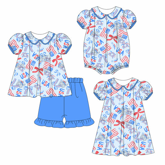 Preorder moq 5 Custom Baby Girls Flags Bows Tunic Ruffle Short 4th Of July Set Knee Length Dress Romper