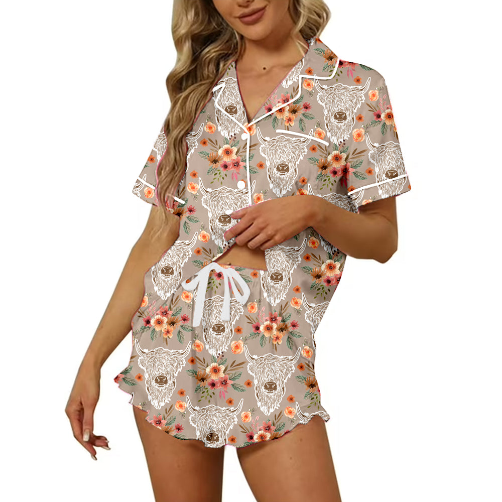 Preorder moq 5 Adult Women Western Flowers Cow Button Pocket Top Short Pajamas