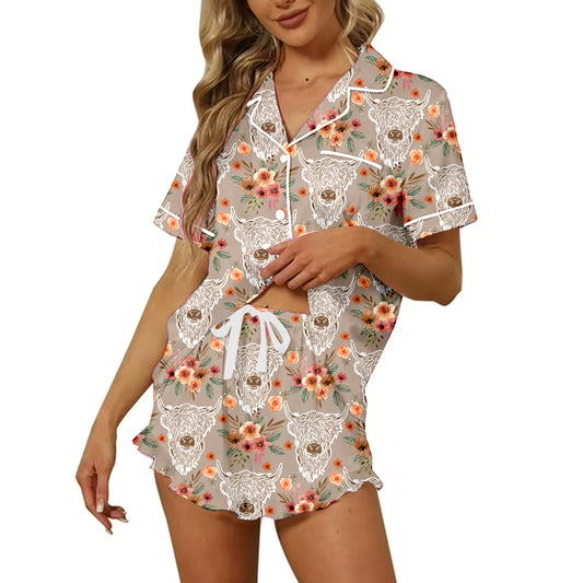Preorder moq 5 Adult Women Western Flowers Cow Button Pocket Top Short Pajamas