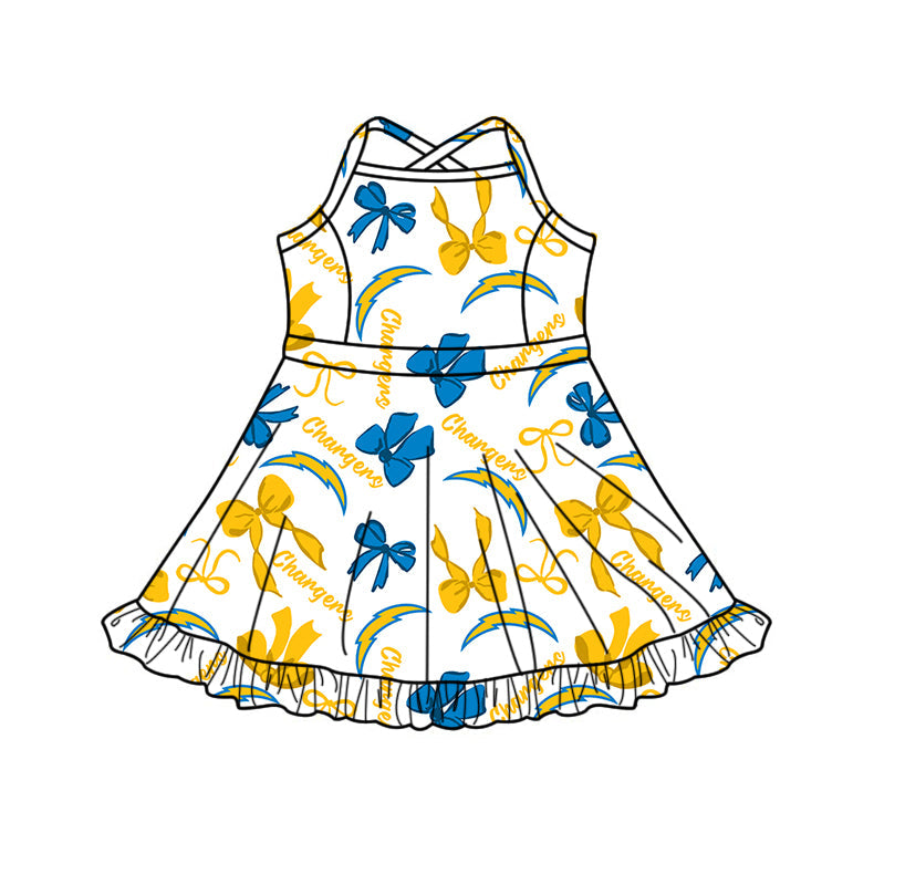 Preorder (moq 5)Baby Girls Strap Bows Chargers Team Short Ruffle Knee Length Dresses