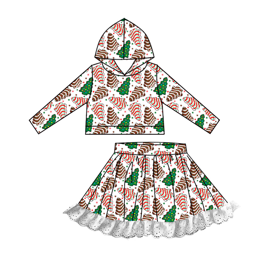 Baby Girls Christmas Trees Cakes Hooded Top Lace Skirts Clothes Sets Preorder(moq 5)