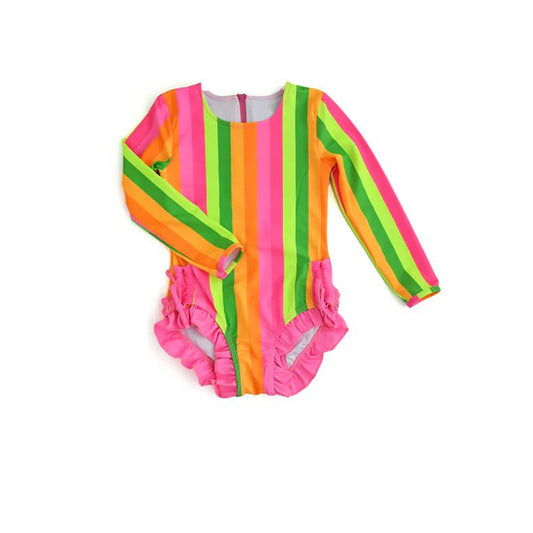 Baby Girls Green Orange Stripes Long Sleeve One Piece Swimsuits Preorder(moq 5)