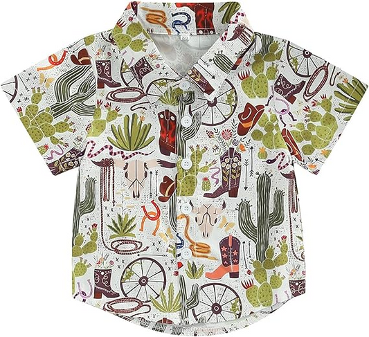 Baby Boys Western Cactus Cows Short Sleeve Buttons Tee Shirts Tops Preorder(moq 5)