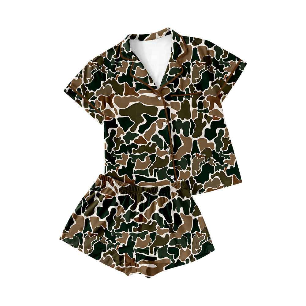 Adult Women Duck Brown Camouflage Buttons Tops Shorts Pajamas Preorder