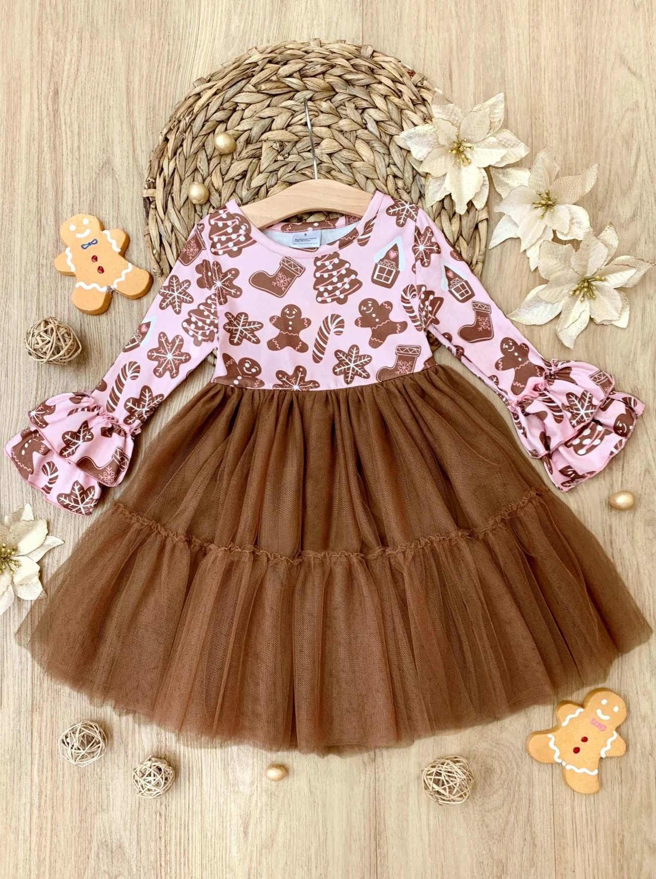 Baby Girls Christmas Gingerbread Long Sleeve Tutu Knee Length Dresses Preorder(moq 5)