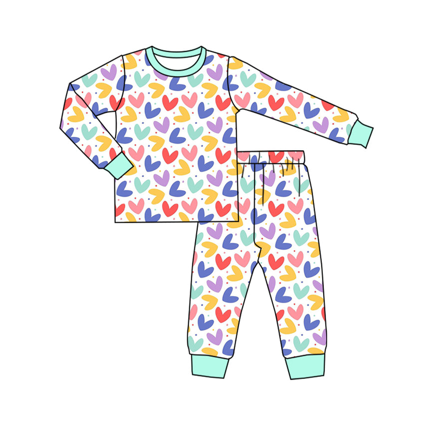 Baby Boys Green Valentines Colorful Hearts Top Pants Pajamas Clothes Sets preorder(MOQ 5)